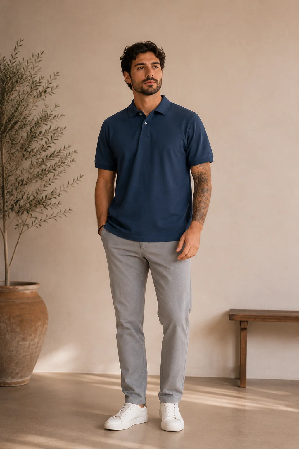 Campanha Suel Essential com polo azul-marinho